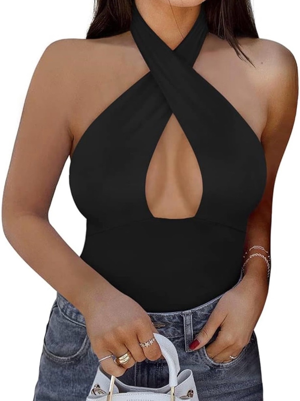 ReoRia Black Crisscross Halter Keyhole Bodysuit